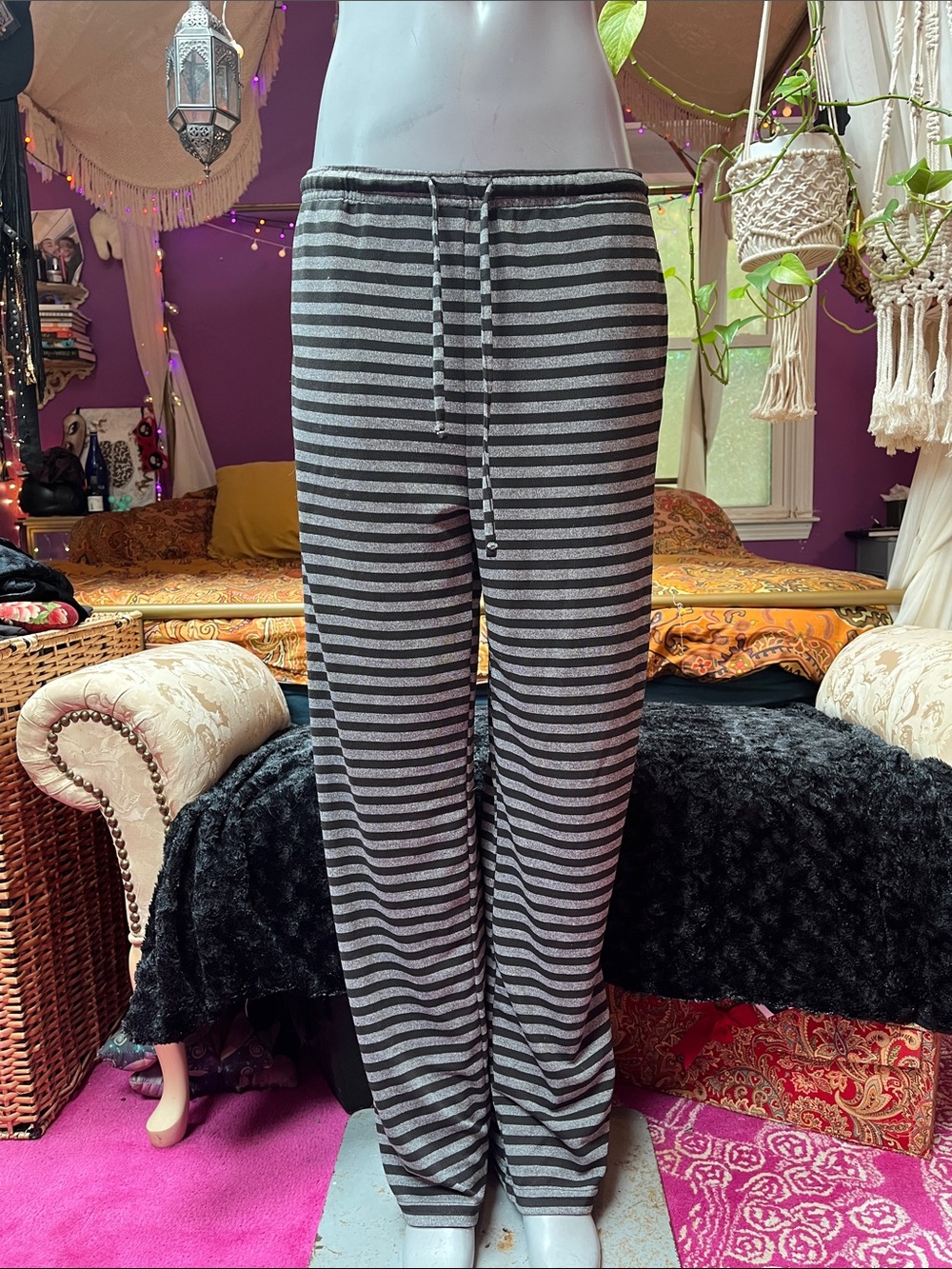Emo Goth black + gray horizontal striped comfy cozy lounge pants